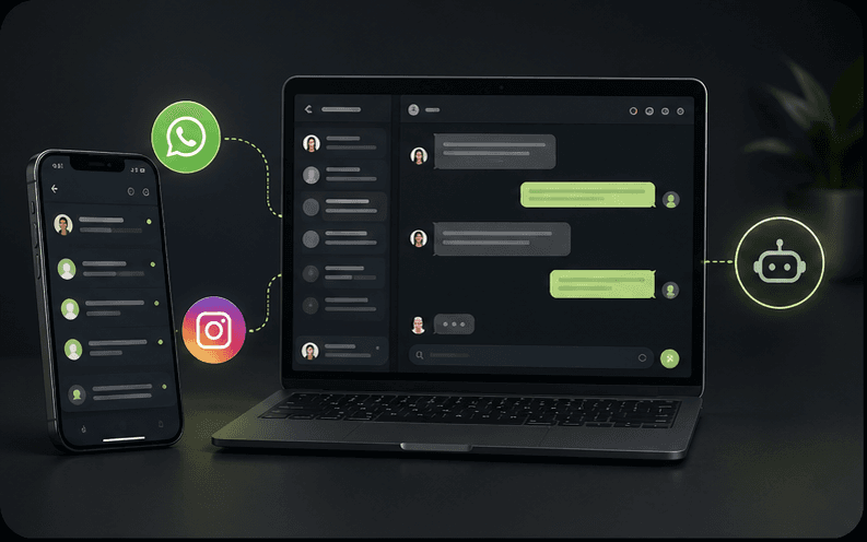 VibeAgent capability visual showing automated WhatsApp and Instagram replies
