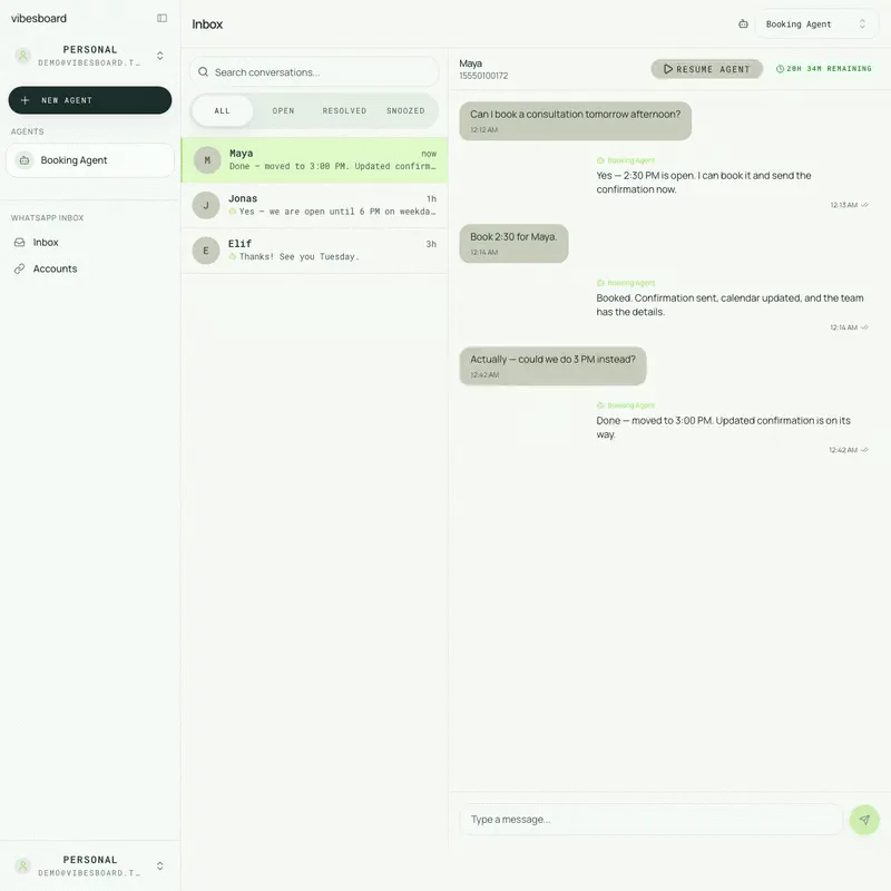 The unified WhatsApp inbox: the booking agent auto-replies in an open thread with delivery ticks, then a human taps Pause Agent to take the conversation over.
