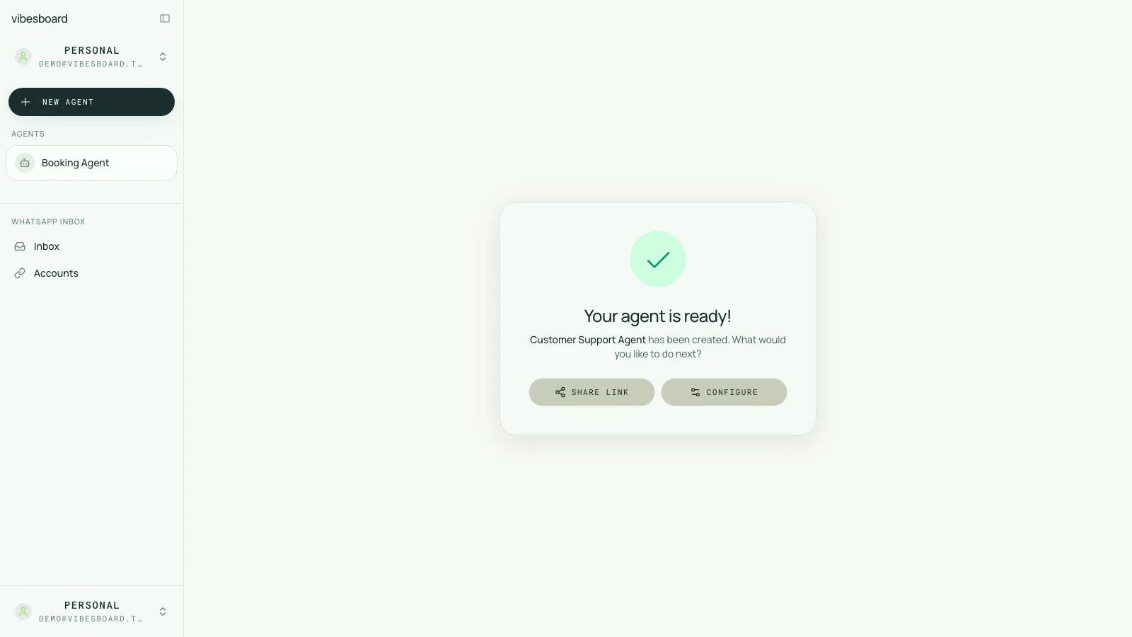 The Vibesboard agent creator: one typed sentence streams a reply while the live form fills itself in — name, instructions, greeting and tools — ending on the agent-created success card.