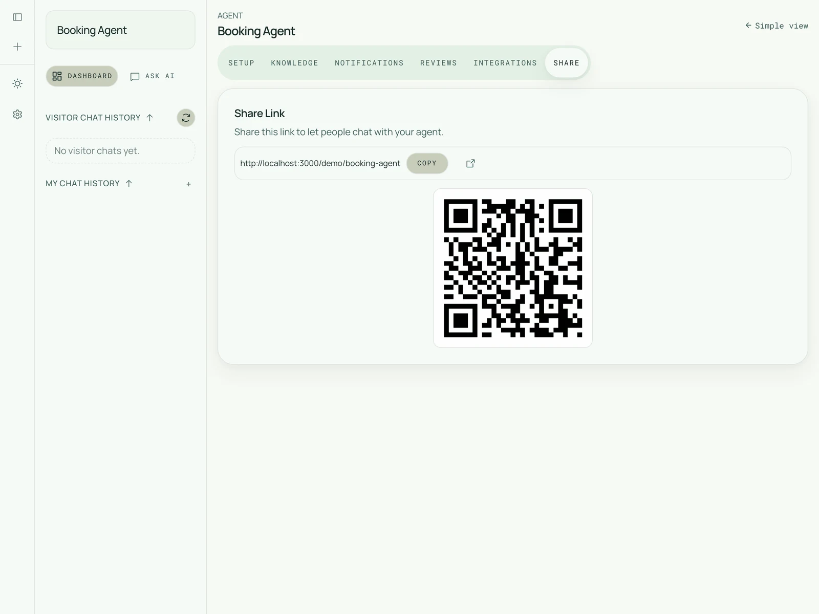 The agent dashboard Share tab, showing the public share link and QR code for a booking agent alongside the Setup, Knowledge, Notifications, Reviews and Integrations tabs.